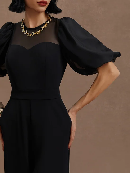 Black Puff Sleeve Regular Fit Crew Neck Jumpsuit 