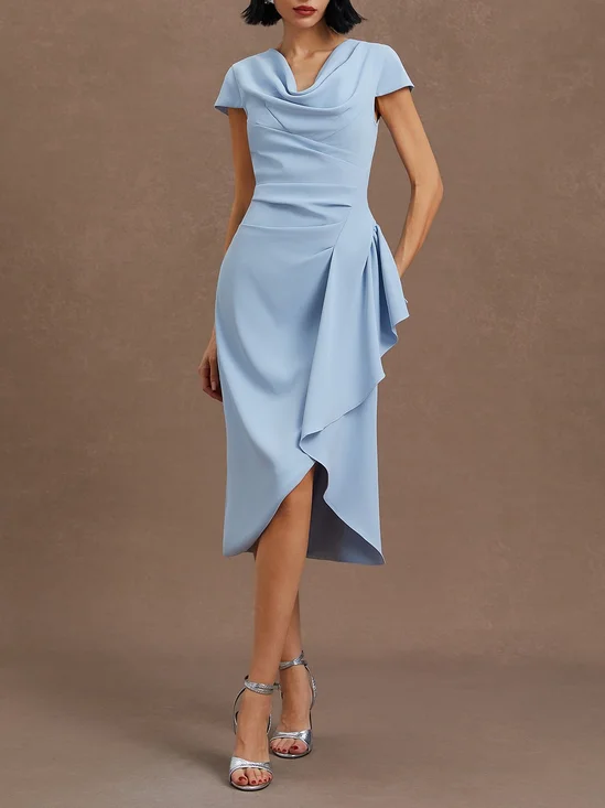 Light Blue Ruched Asymmetric Classic Cowl Neck Cap Sleeve Sheath Midi Dress