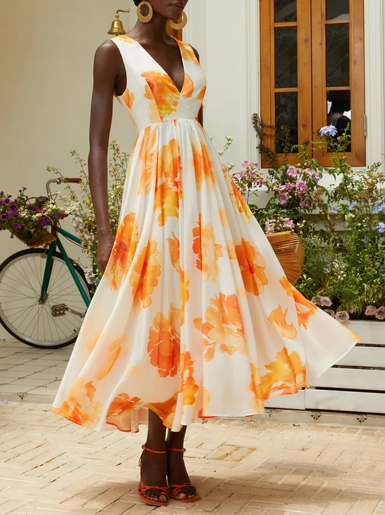 Yellow Floral Chiffon V Neck Sleeveless A-Line Maxi Dress