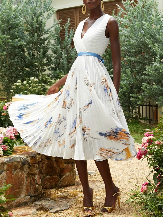 White Pleated Floral Chiffon V Neck Sleeveless A-Line Maxi Dress