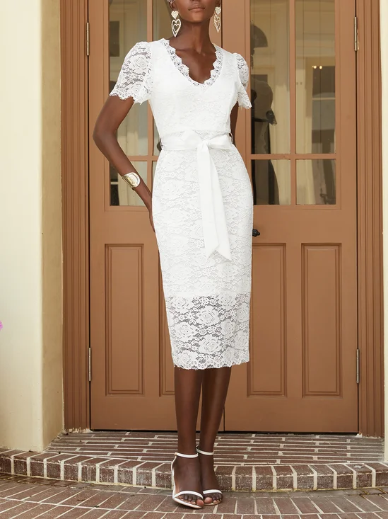 White Bow Lace V Neck Short Sleeve Sheath Midi Dress