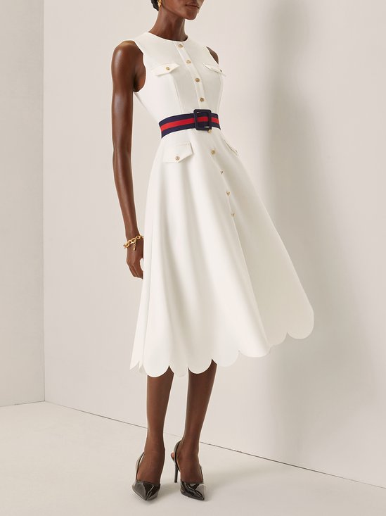 White Buckle Classic Crew Neck Sleeveless A-Line Midi Dress