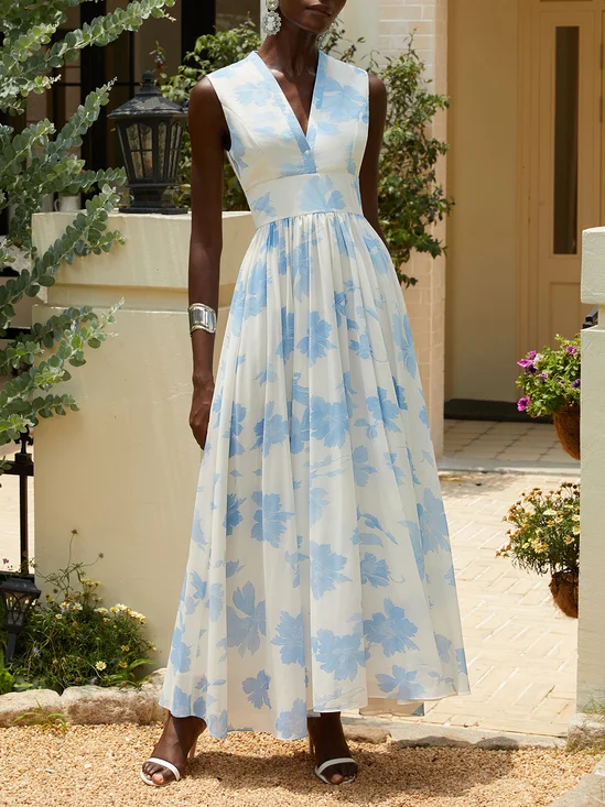 Light Blue Floral Chiffon V Neck Sleeveless A-Line Maxi Dress
