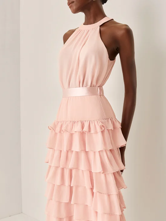 Pink Peplum Tiered Chiffon Halter Sleeveless A-Line Maxi Two-piece Dress
