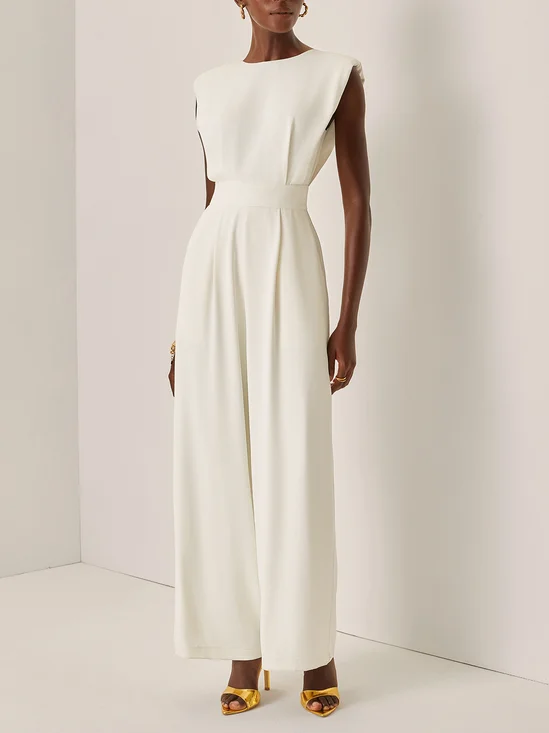 Off White Crew Neck Plain Ruched Urban Jumpsuit