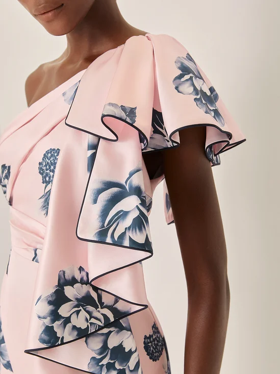 Pink Printing Peplum Satin One Shoulder Sleeveless Sheath Maxi Dress
