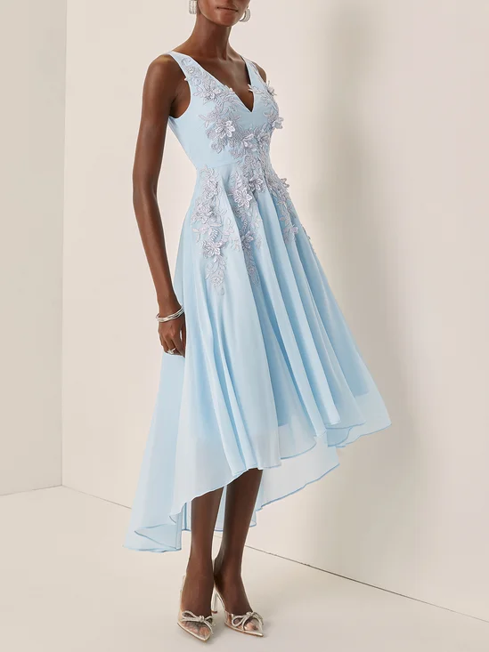 Light Blue Lace Asymmetric Chiffon V Neck Sleeveless A-Line Maxi Dress