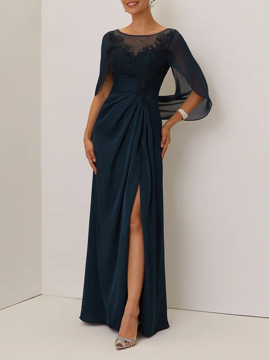 Purplish blue Lace Chiffon Boat Neck Short Sleeve A-Line Maxi Mother of the Bride or Groom Dress