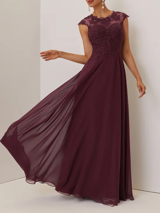 Wine Red Lace Chiffon Crew Neck Cap Sleeve A-Line Maxi Mother of the Bride or Groom Dress