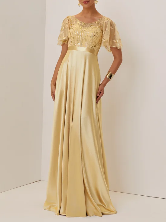 Golden Sequin Satin Crew Neck Short Sleeve Bell Sleeve A-Line Gown Mother of the Bride or Groom Dress