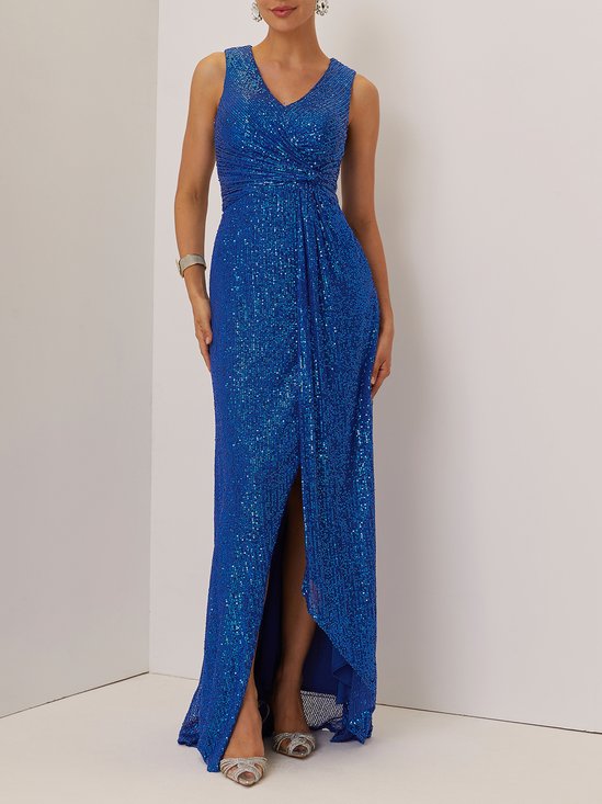 Blue Ruched Prom Dress V Neck Gallus A-Line Maxi Dress