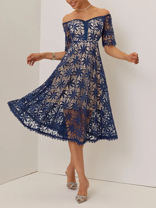 Purplish blue Lace Lace Off The Shoulder Short Sleeve A-Line Midi Dress