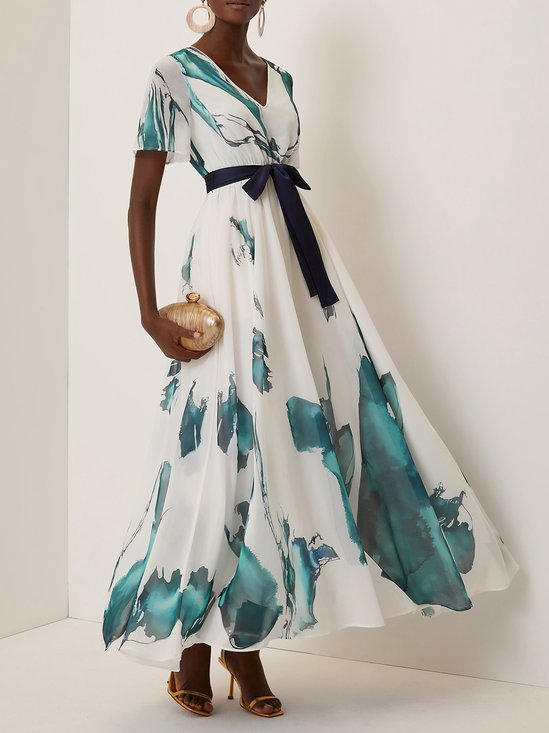 Blue Printing Chiffon V Neck Short Sleeve A-Line Maxi Dress