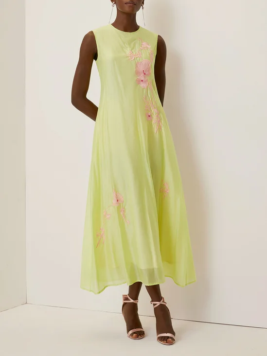 Yellow Embroidery Floral Classic Crew Neck Sleeveless A-Line Maxi Dress