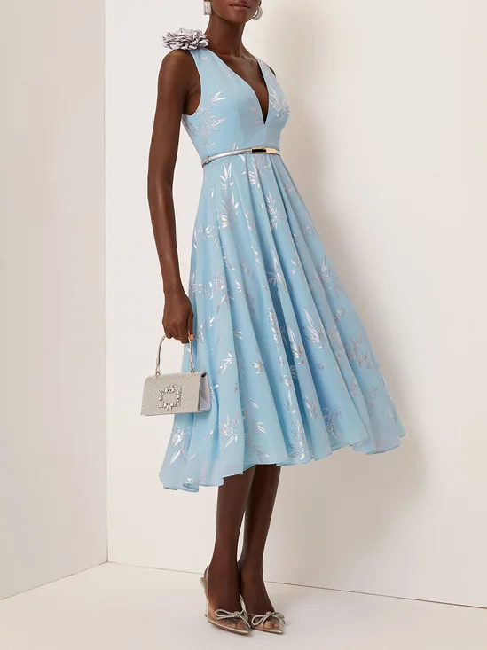 Light Blue 3D Floral Chiffon V Neck Sleeveless A-Line Midi Dress