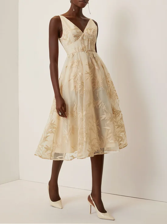 Beige Embroidery Mesh Classic V Neck Sleeveless A-Line Midi Dress