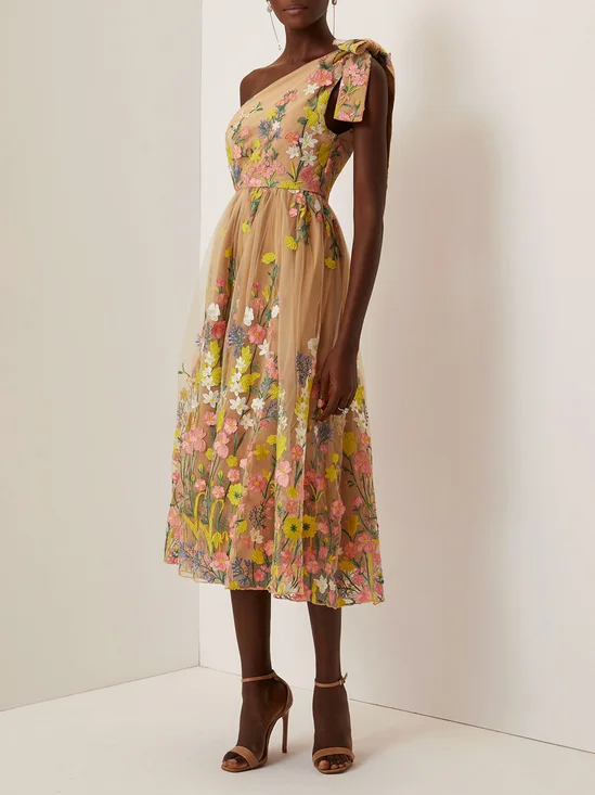 Green Embroidery Floral Classic One Shoulder Sleeveless A-Line Midi Dress