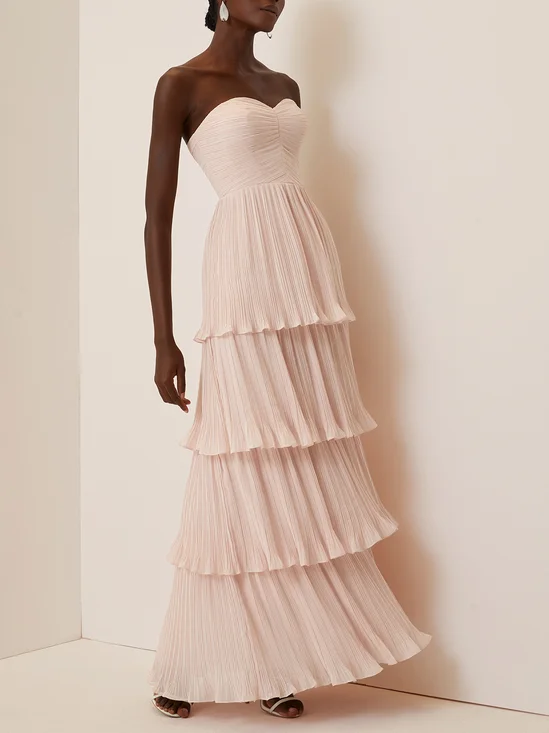 Light Pink Ruched Classic Off The Shoulder Short Sleeve A-Line Maxi Dress
