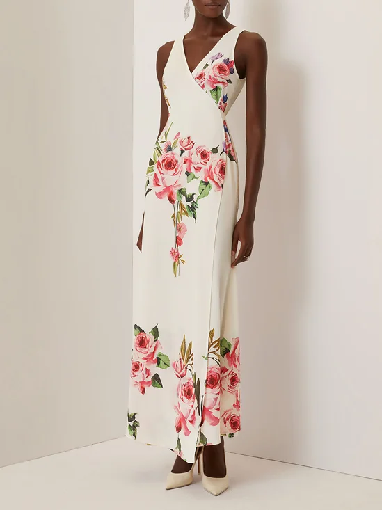 Pink Cross Floral Wrap Dress V Neck Sleeveless Mermaid Gown Dress
