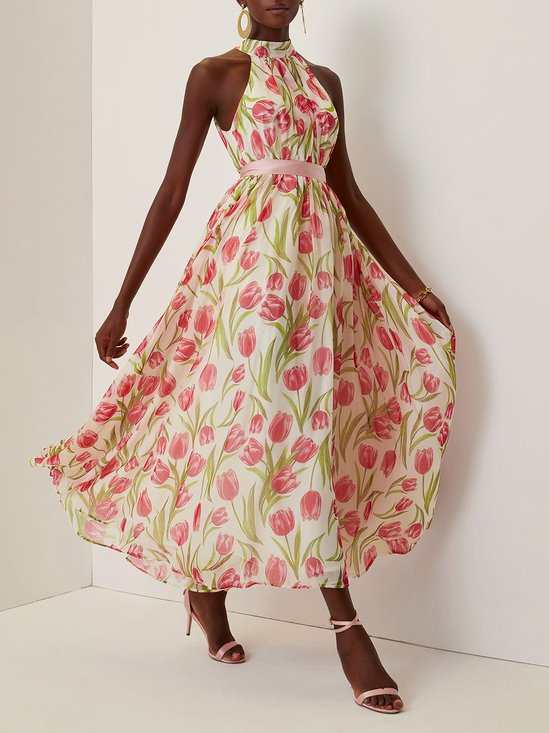 Pink Pleated Floral Chiffon Halter Sleeveless A-Line Mock Neck Maxi Dress