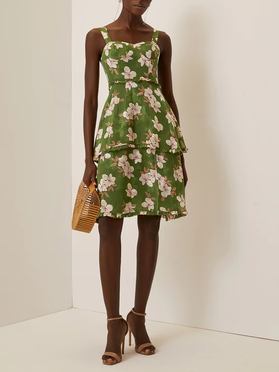 Green Jacquard Tiered Classic Spaghetti Sleeveless A-Line Midi Dress