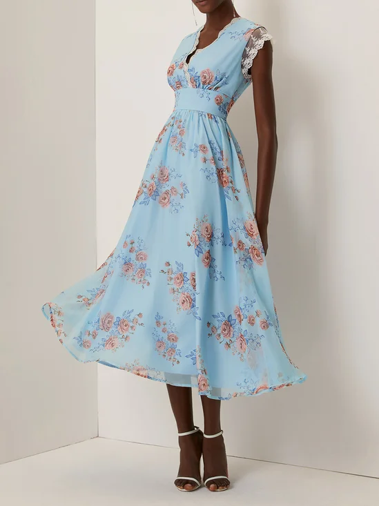 Light Blue Floral Lace Chiffon V Neck Cap Sleeve A-Line Maxi Dress