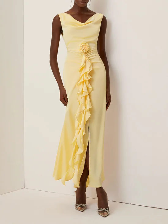 Yellow 3D Floral Peplum Satin Cowl Neck Sleeveless Mermaid Maxi Dress