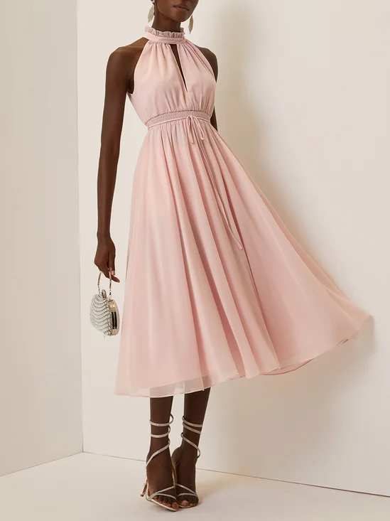 Pink Scramble Peplum Chiffon Lotus Leaf Collar Sleeveless A-Line Maxi Dress