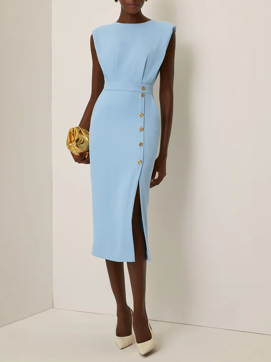 Off White Buckle Classic Crew Neck Sleeveless Sheath Midi Dress