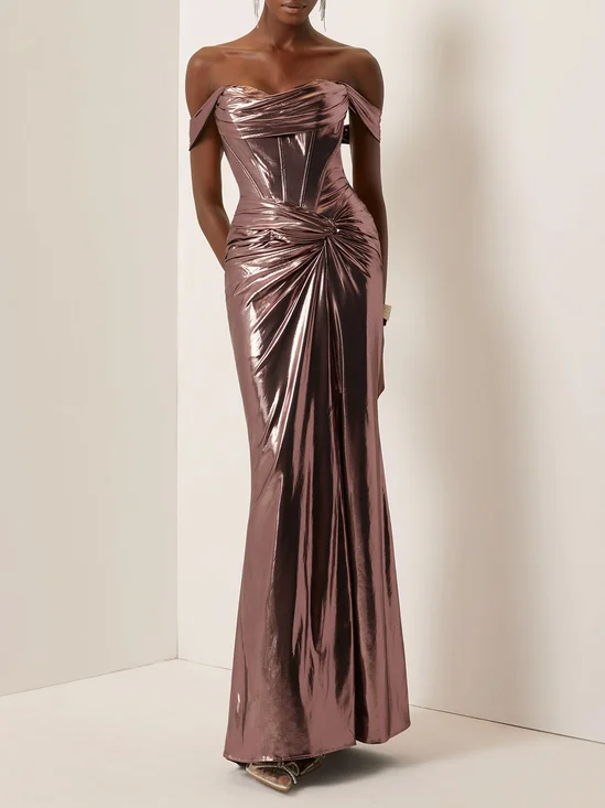 Off-The-Shoulder Ruched Classic Sheath Dress With Slit Jade