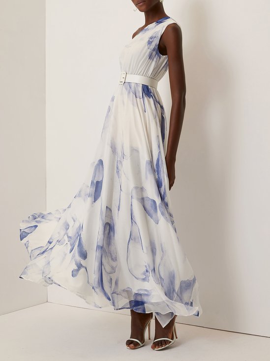 Blue Printing Asymmetric Chiffon One Shoulder Short Sleeve A-Line Maxi Dress