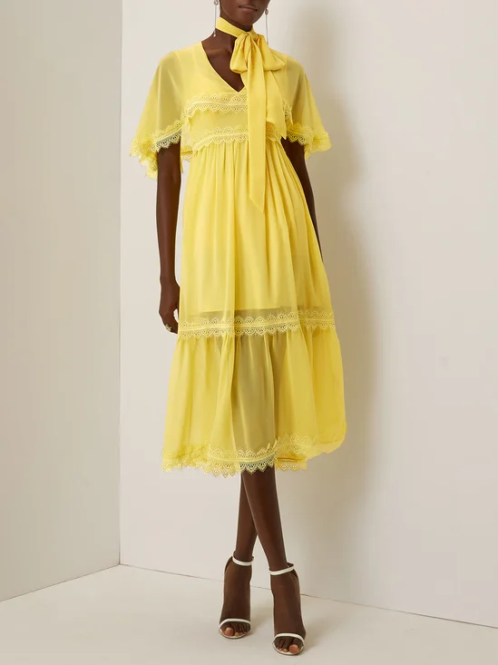 Yellow Lace Bow Chiffon V Neck Half Sleeve Raglan Sleeves A-Line Midi Dress