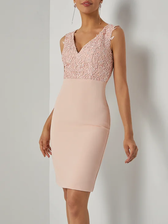 Pink Lace Padded Classic V Neck Sleeveless Sheath Midi Dress