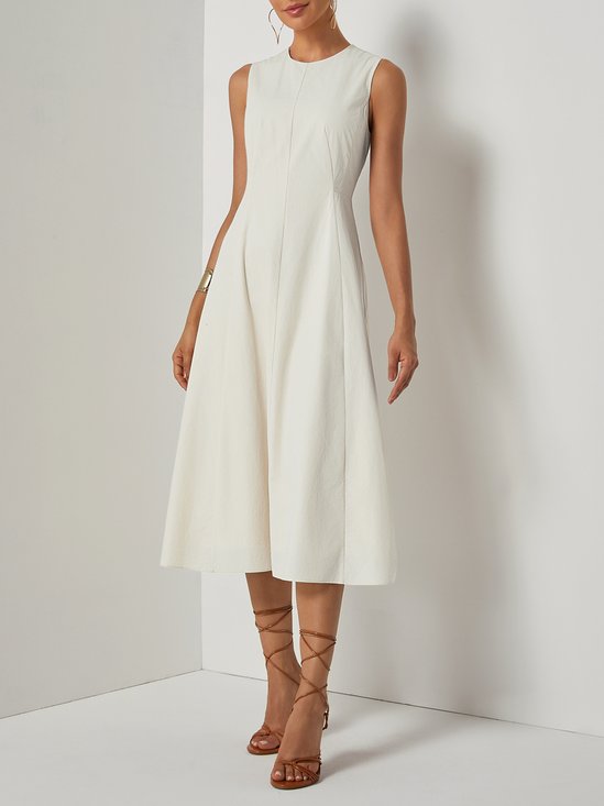 Apricot Cotton Crew Neck Sleeveless A-Line Midi Dress