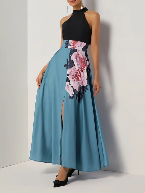 Black Floral Slit Satin Halter Sleeveless A-Line Maxi Dress