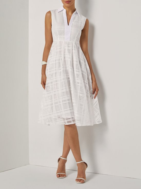 White Mesh Shirt Dress Shirt Collar Sleeveless A-Line Midi Dress