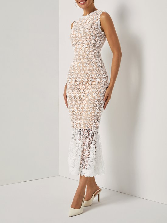 White Lace Lace Crew Neck Sleeveless Mermaid Maxi Dress
