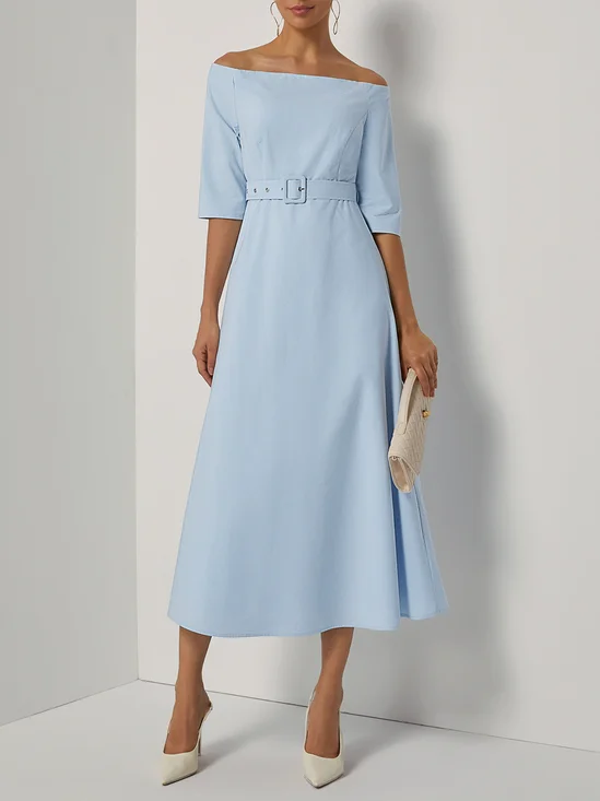 Light Blue Cotton Off The Shoulder Half Sleeve A-Line Maxi Dress