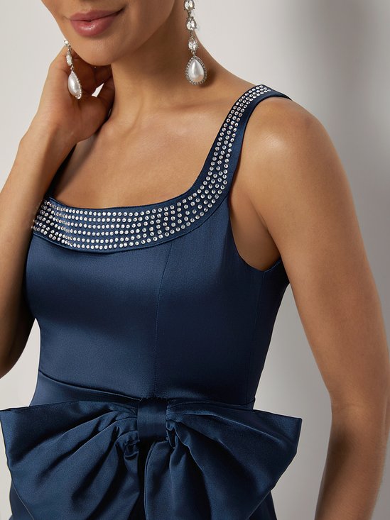 Purplish Blue Hotfix Embellished Bow Classic Crew Neck Sleeveless Sheath Midi Dress