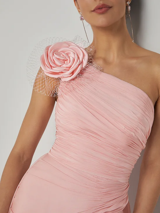 Pink 3D Floral Chiffon One Shoulder Sleeveless Sheath Gown Dress