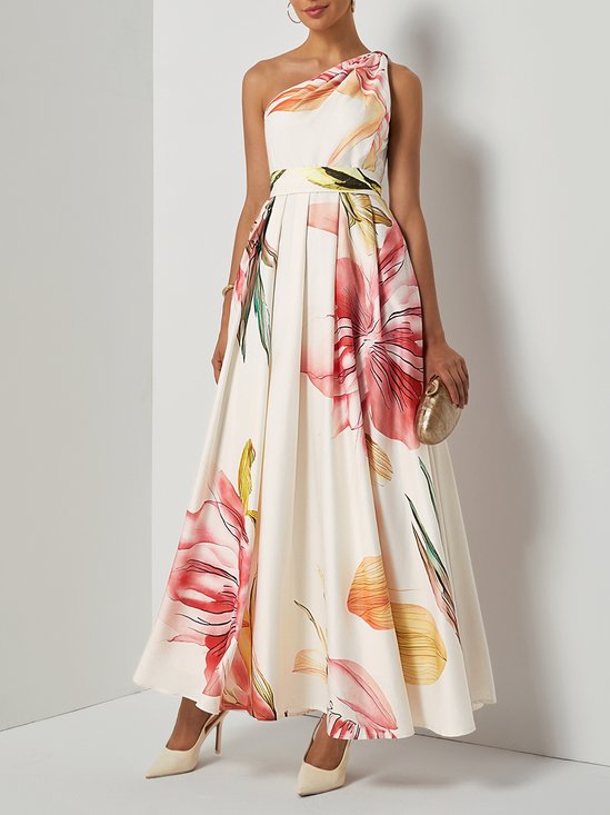 Pink Floral Satin One Shoulder Sleeveless A-Line Maxi Dress