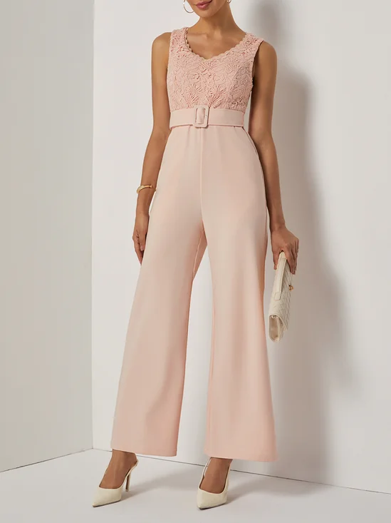 Women Pink Lace V Neck Sleeveless Dressy Jumpsuit