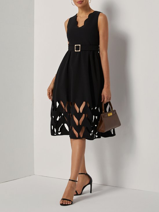 Black Devore Classic V Neck Sleeveless A-Line Midi Dress