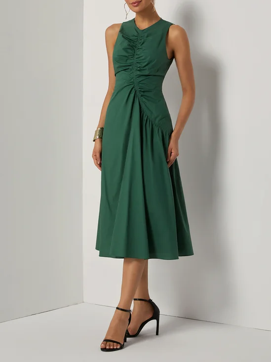 Green Shirred Cotton Crew Neck Sleeveless A-Line Midi Dress
