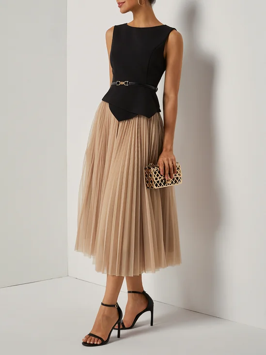 Light Khaki Asymmetrical Boat Neck Top with Skirt Two-Piece Set With Belt