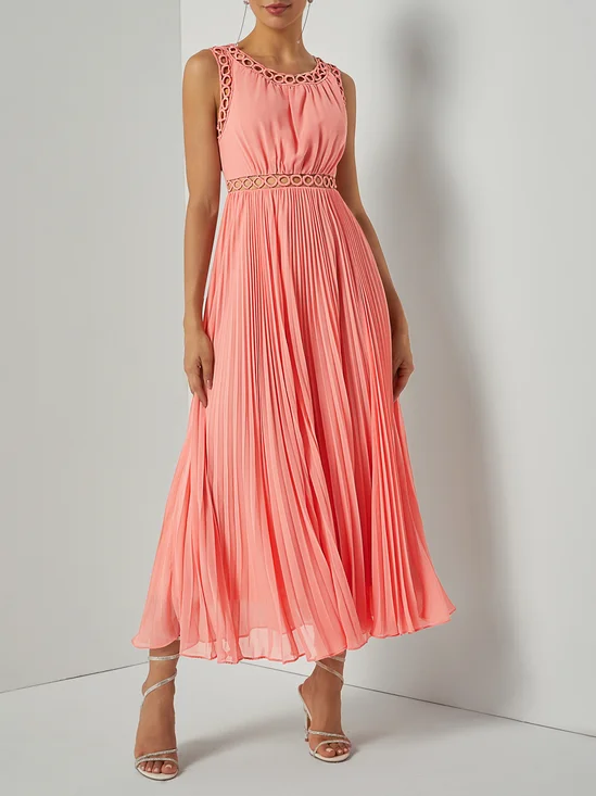 Orange Lace Pleated Hollow Out Chiffon Crew Neck Sleeveless A-Line Maxi Dress