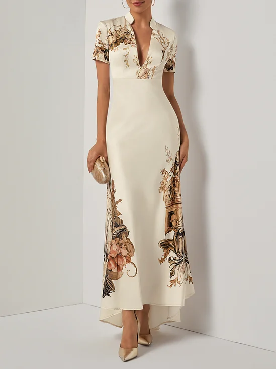 Beige Floral Satin Deep V Neck Short Sleeve Mermaid Gown Dress