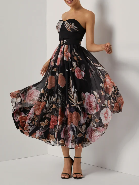 Black Floral Chiffon Strapless Sleeveless A-Line Midi Dress