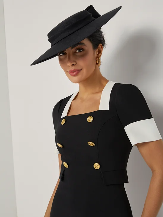Black Buckle Blazer Square Neck Short Sleeve Sheath Midi Dress