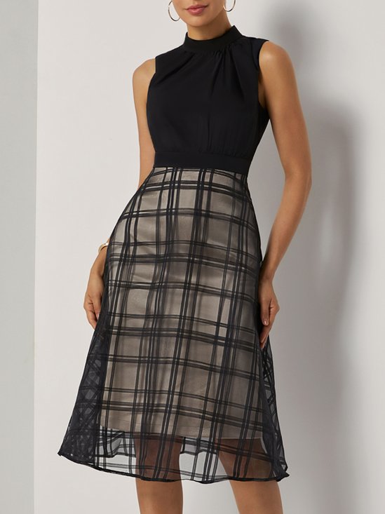 Black Organza Classic Crew Neck Sleeveless A-Line Midi Dress